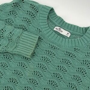 Hollister Women Green Crochet Knit Crew Neck Long Sleeve Sweater‎ M